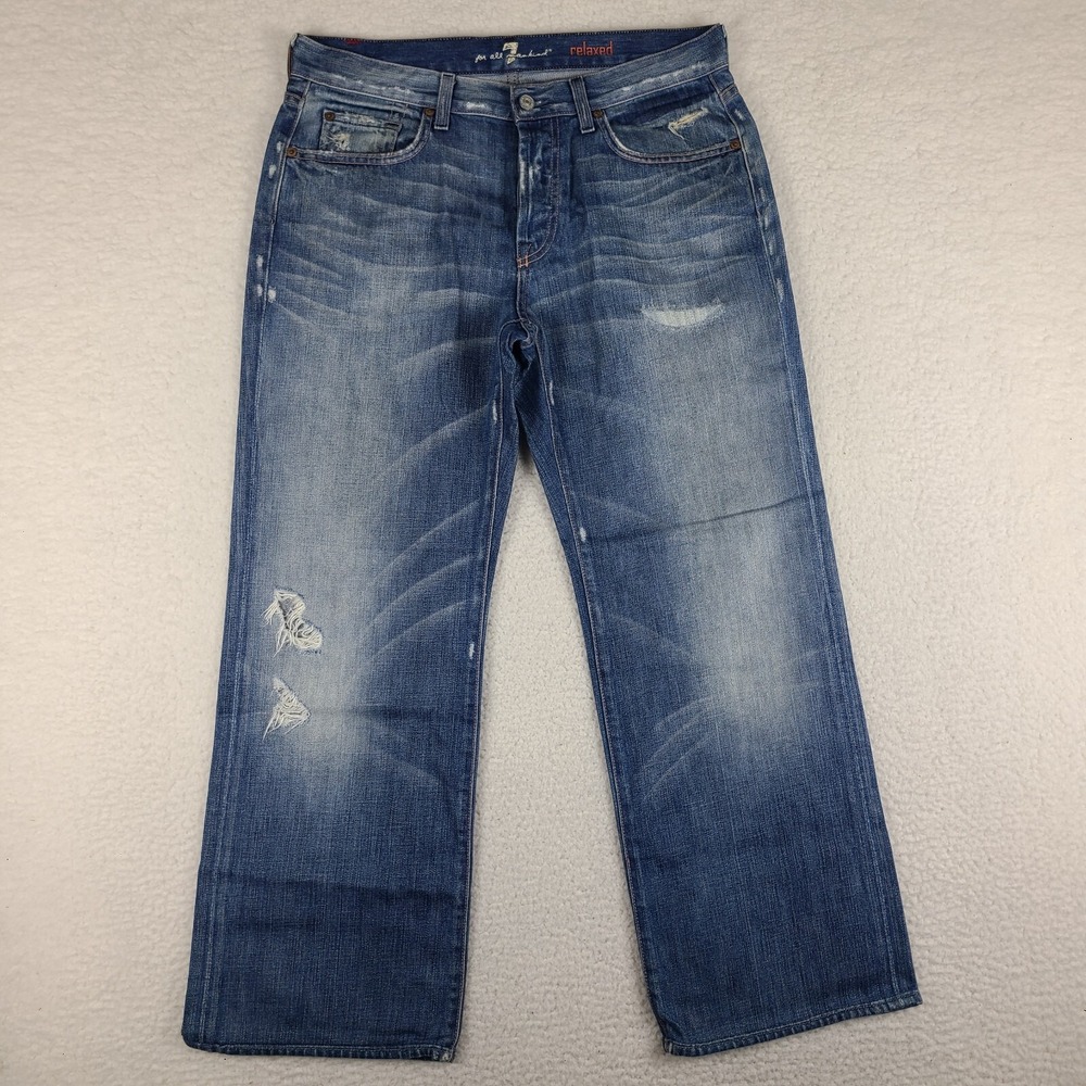7 For All Mankind Jeans Mens 33x28 Blue Relaxed Fit Button Fly Denim HEMMED